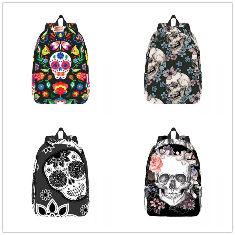 Skull Floral Skull Print Backpack Casual Lightweight Laptop Backpack Men Women Travel Bag Outdoor Canvas Daypack