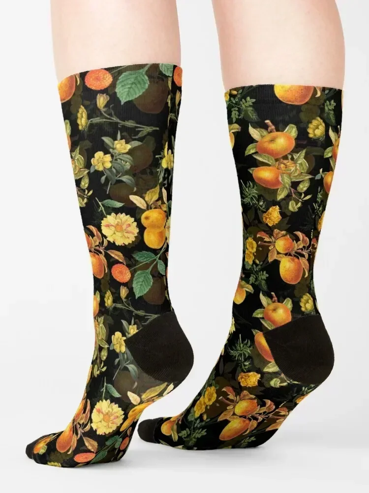 Vintage Flowers and Golden Apples on black Socks Running Children's fashionable loose Socks Women Men's