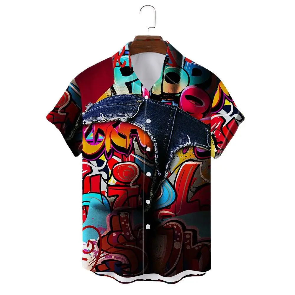 Camisa abstrata masculina personalizada 3d graffiti impressão t camisa de manga curta oversized moda casual havaiano topo