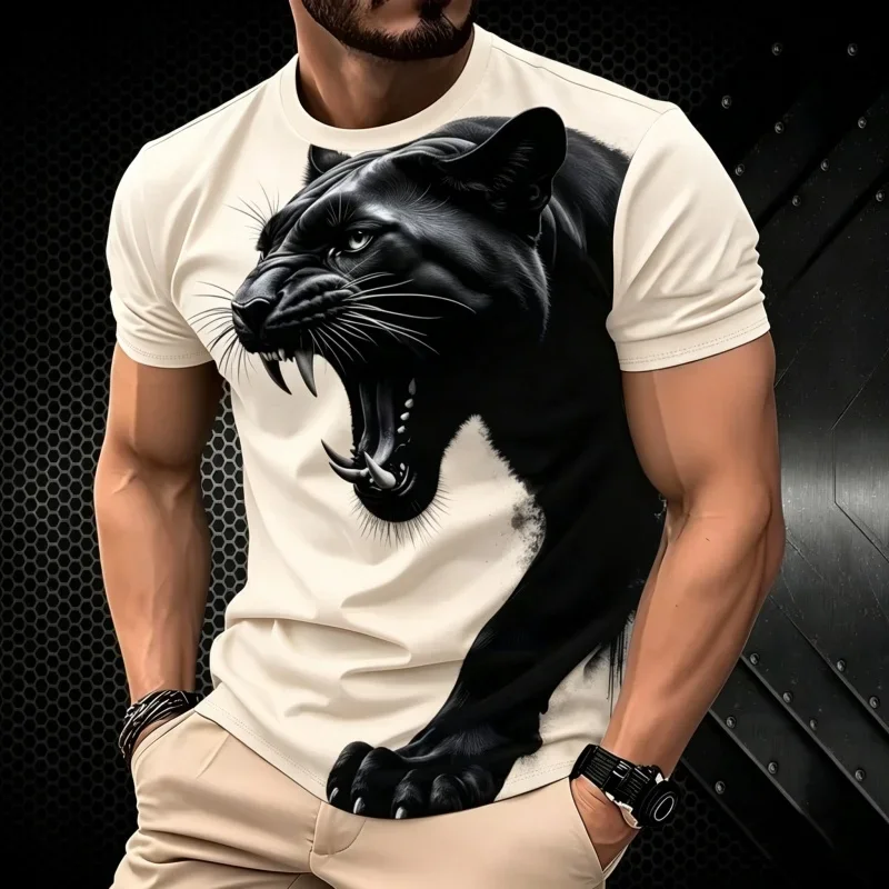 Men's 3D Roaring Black Panther Graphic T-Shirt Cool Wild Animal Print Short Sleeve Crew Neck Tee Casual Streetwear Tops for Men
