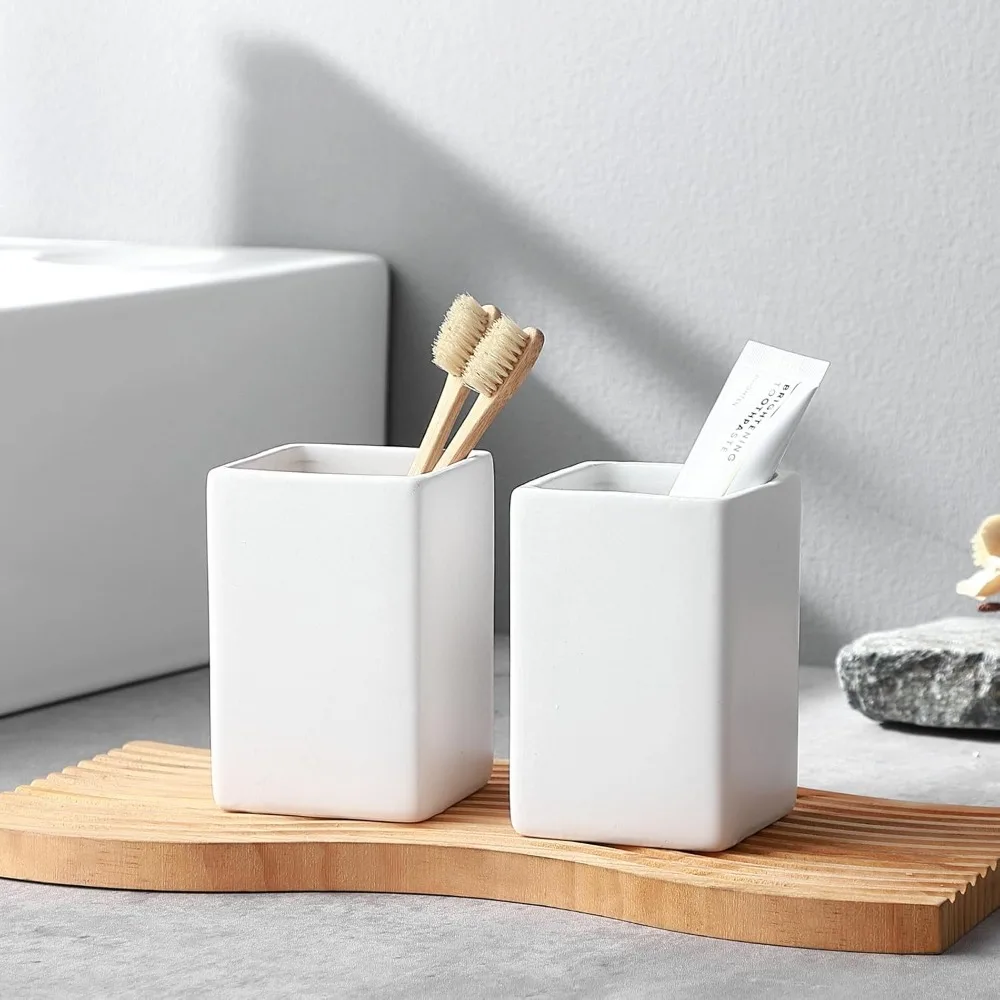 Portaspazzolino per bagni - Set porta dentifricio quadrato in ceramica da 2 tazze, bicchieri da bagno quadrati bianchi
