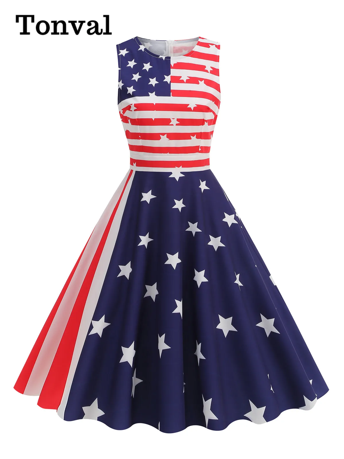 Tonval Color Block Stars and Stripes Sleeveless Women Vintage Clothing Summer 2025 O-Neck A-Line Retro Party Dresses