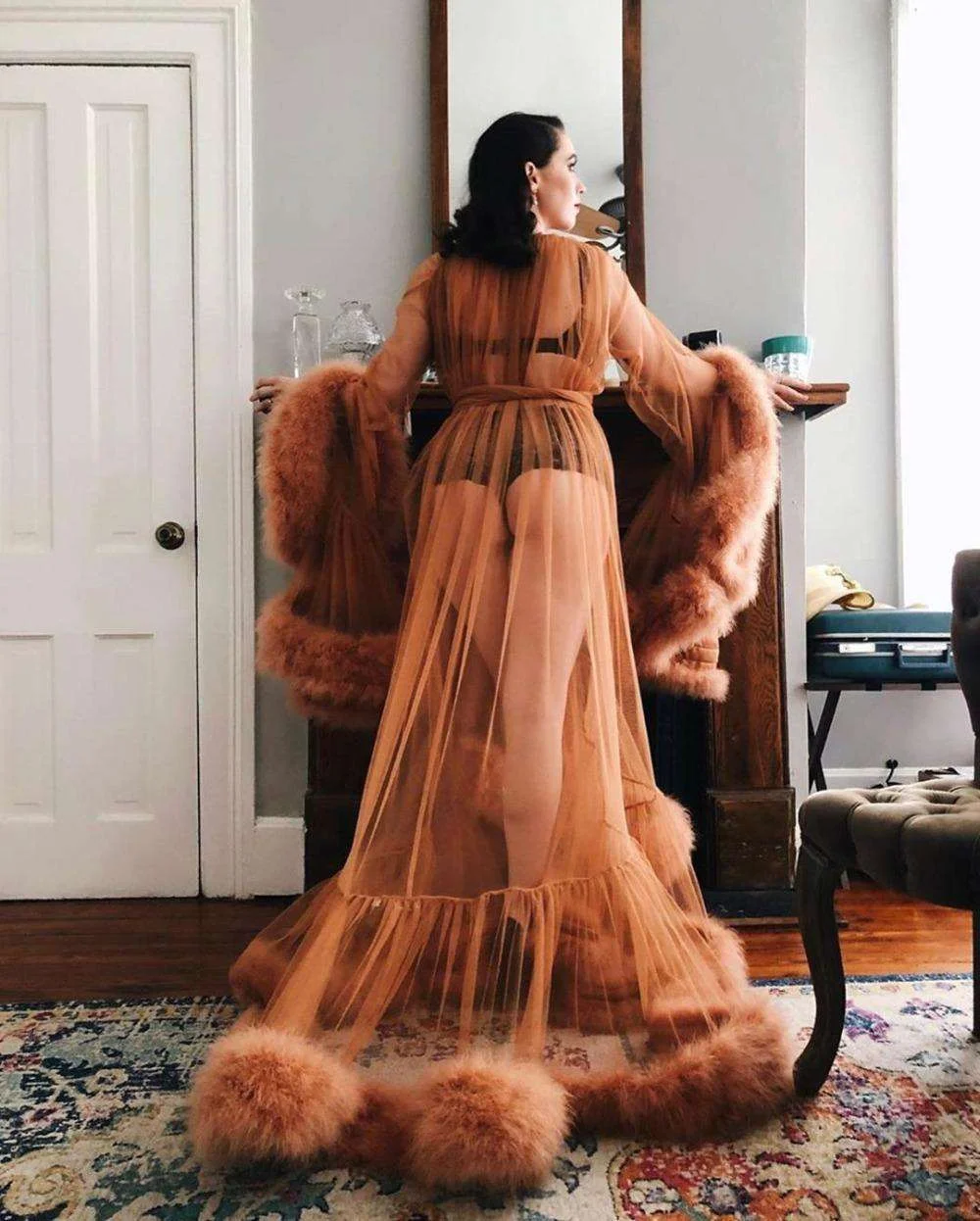 BathGown Women's Feather Edge Tulle Illusion Long Bridal Robe Wedding Scarf New Fur Winter Kimono Pregnant Dress Custom Made
