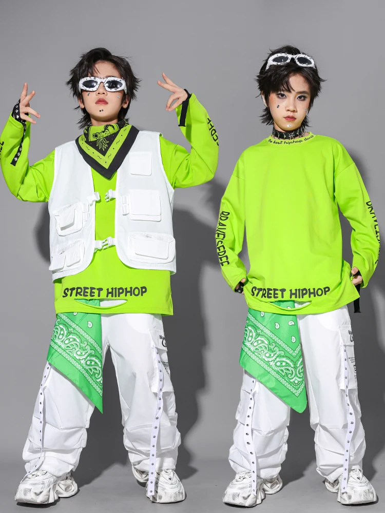 2025 قاعة الرقص الهيب هوب أزياء رقص للأطفال القمصان الخضراء سترة بيضاء السراويل وتتسابق الفتيات الفتيان ملابس أداء الجاز DQS21077