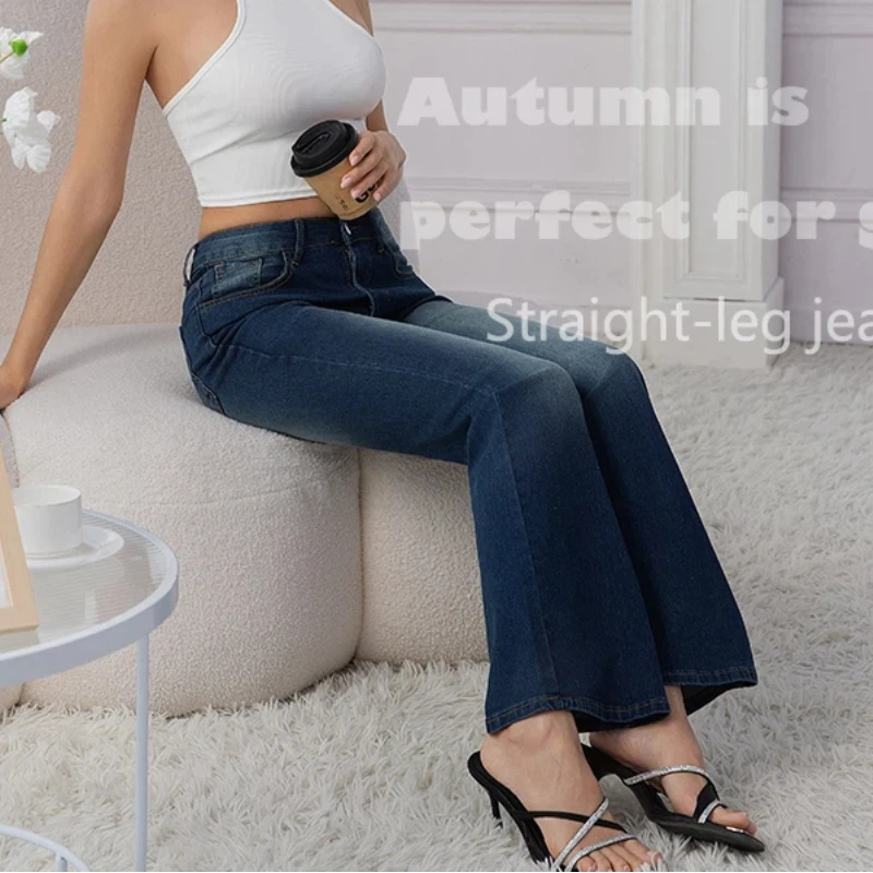 Y2k جينز نسائي جديد متوسط الخصر متوسط أزرق متوهج بنطلون جينز عتيق على الموضة من قماش الدنيم جينز فضفاض #6