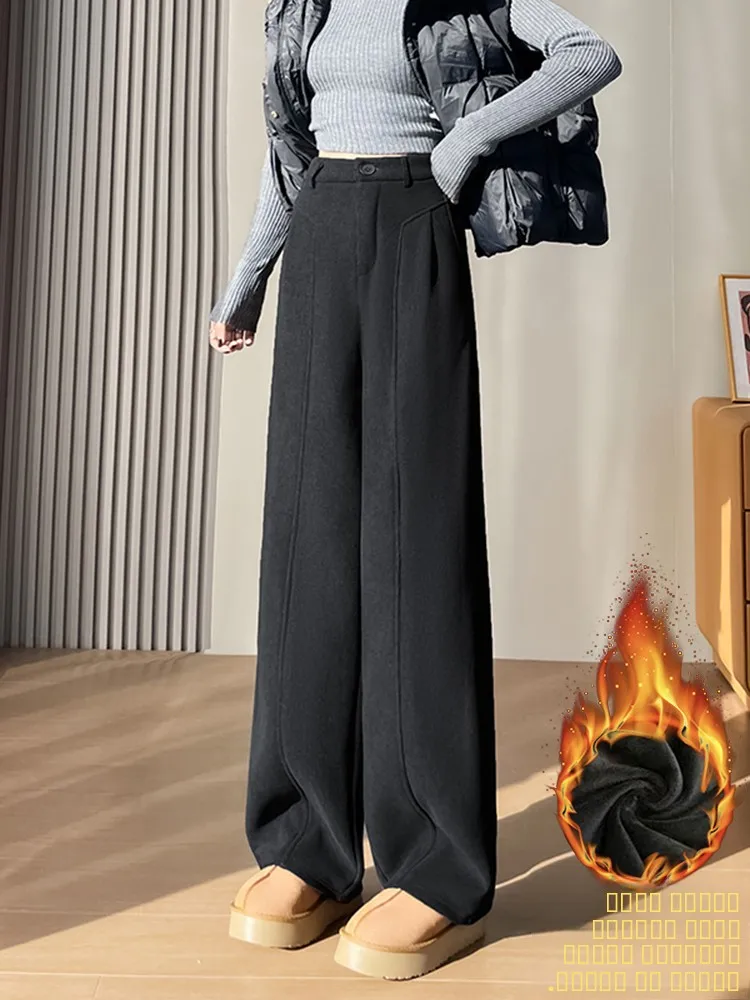 

Женские зимние утепленные брюки с высокой талией и широкими штанинами, повседневные, прямые, теплые, длинные, черные