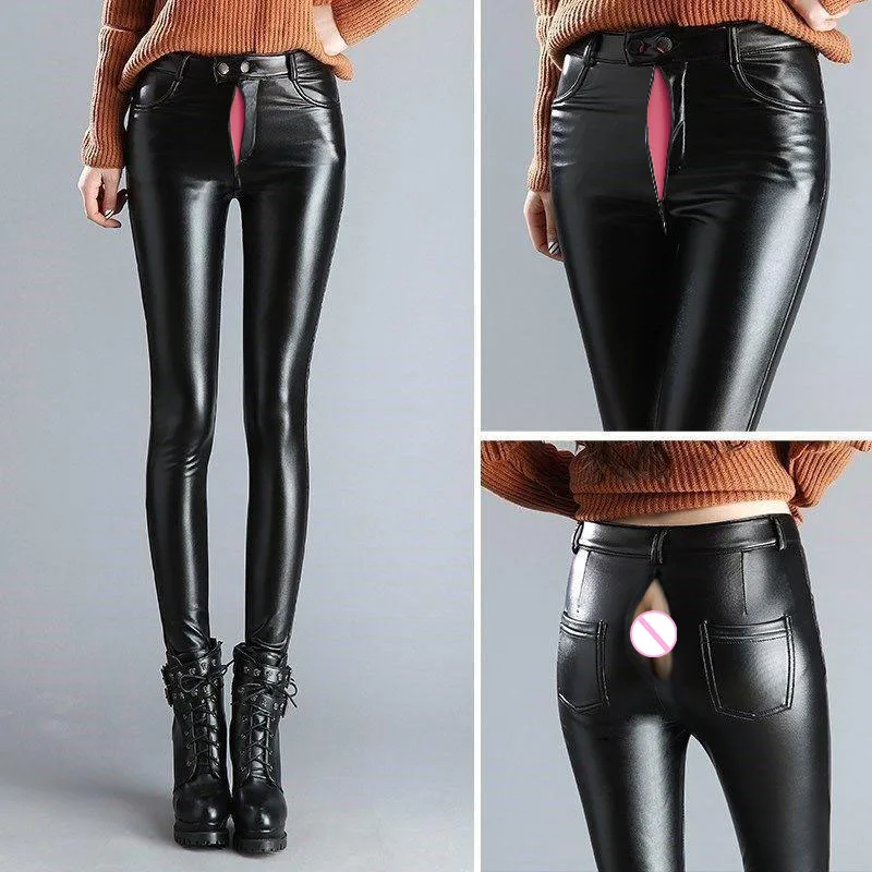 Invisible Open-Seat Pants Outdoor Sex Leather Pants Women\'s Velvet PU Trousers Winter High Waist Stretch Tight and Warm Leggings