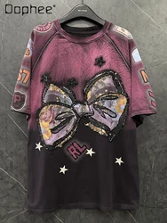 Heavy Industry Sequined Bow Gradient Color Short-sleeved T-shirt Women's 2025 Spring Summer Loose Sweet Round Neck Cotton Top