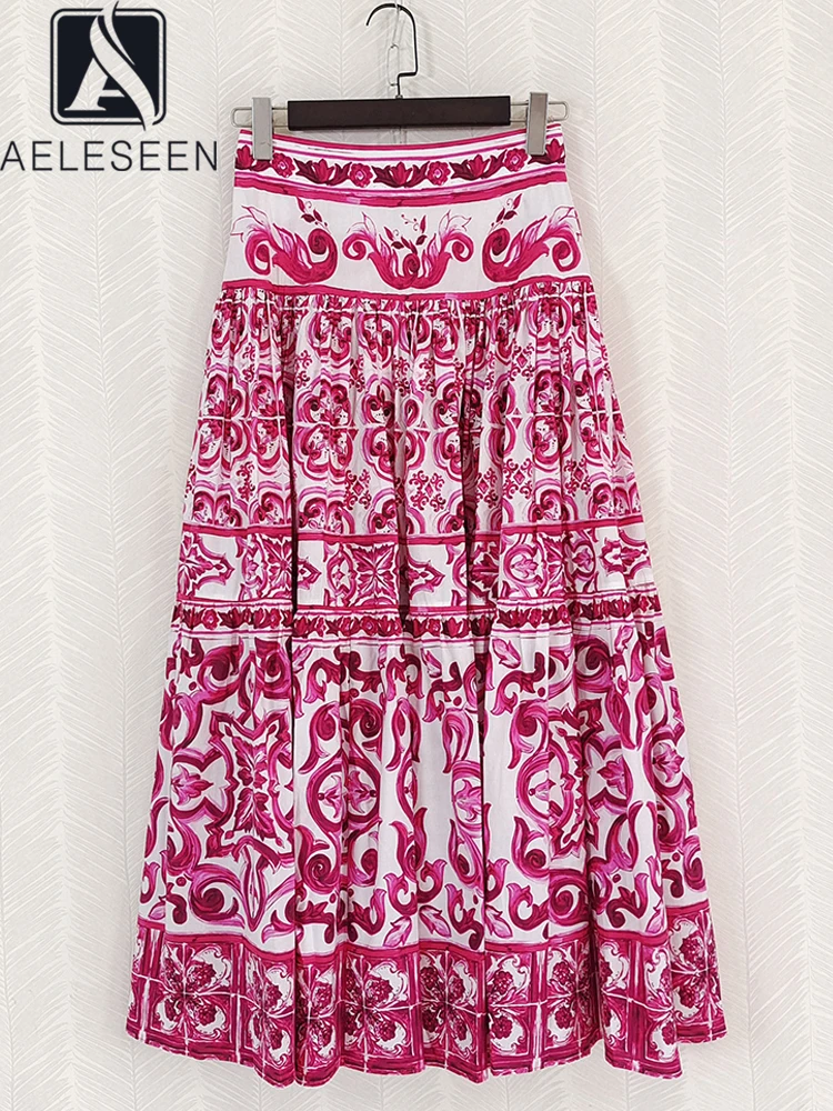 

AELESEEN Runway Fashion Women 100% Cotton Skirt High Waist Red Flower Print Elegant Long Poplin Sicilian Party Holiday