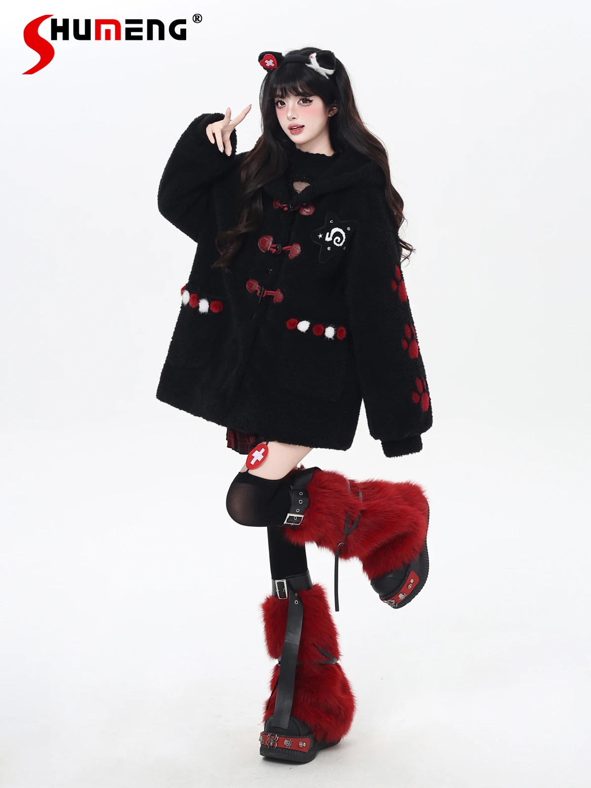 

Модная уличная стильная милая кошачья лапа с вышивкой, теплая утолщенная теплая хлопковая куртка с капюшоном из искусственного меха ягненка для женщин, зимняя куртка