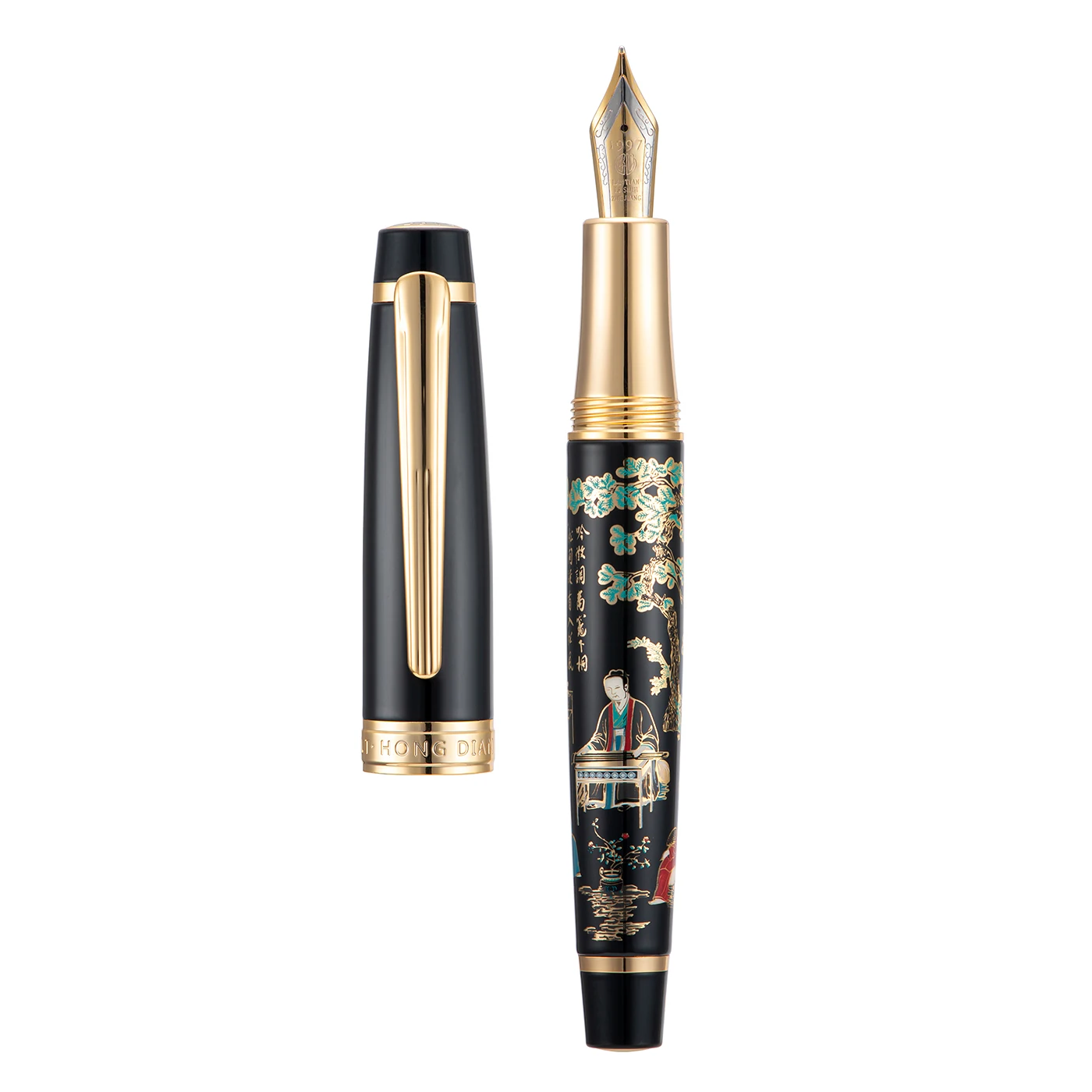 Hongdian 231 Metal Fountain Pen, Iridum EF/F Nib with Chinese Painting Design, Smooth Writing Pen with Ink Converter for Office