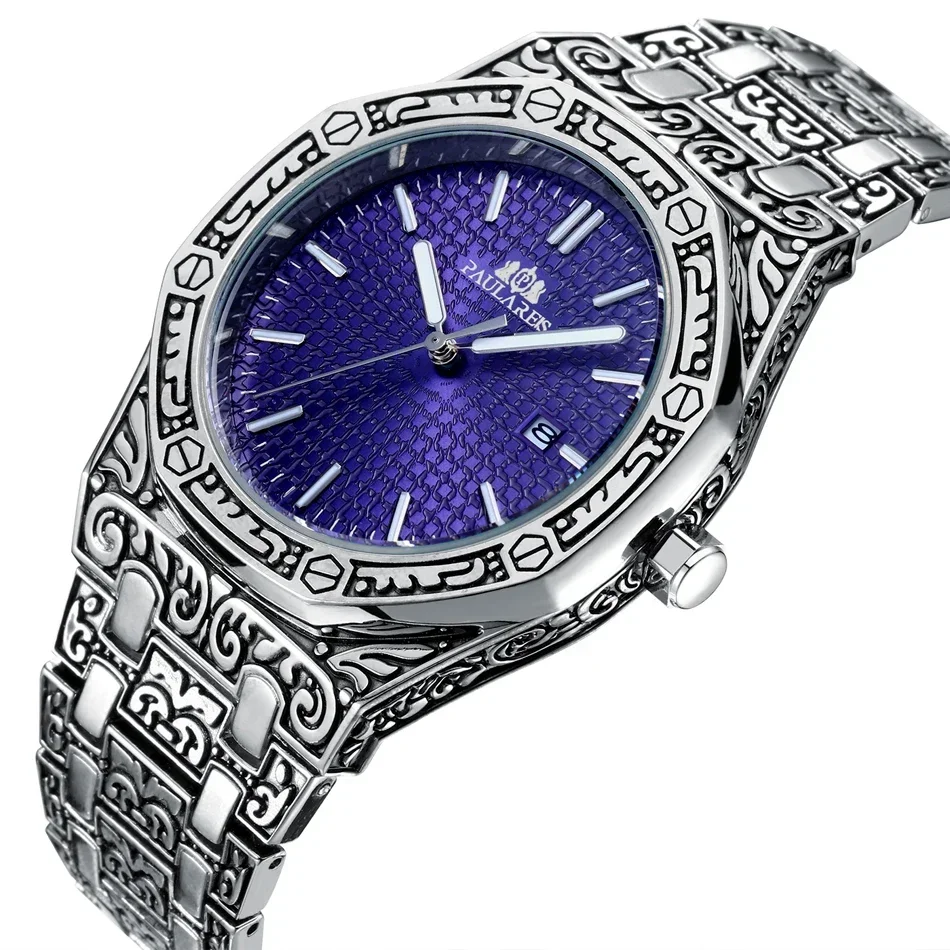 Luxury Carved Antique Vintage Luminous Rose Gold Yellow Gold Silver 2 Tones Fashion Blue Classic Quartz Men Watches