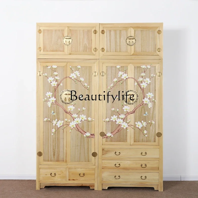 

S New Chinese Style Solid Wood Wardrobe Log Home Bedroom Large Capacity Wardrobe