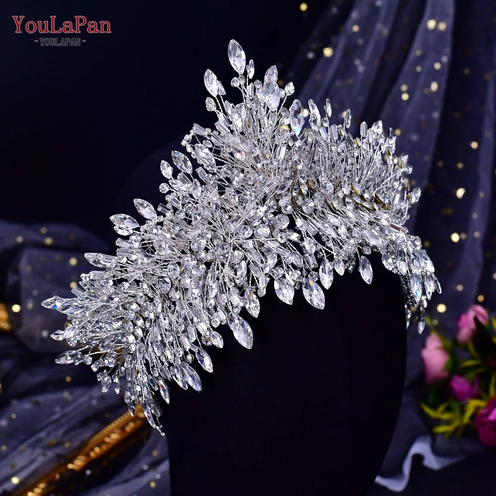 YouLaPan HP372 Silver Crystal Crown for Bridal Wedding Hair Accessories Bride Tiara Handmade Woman Headband Pageant Headdress