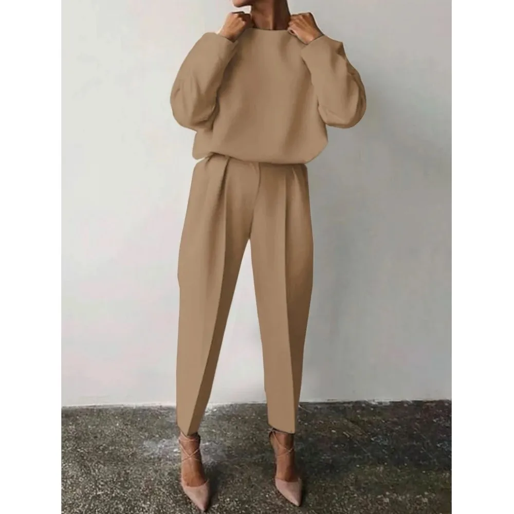 Fashion Long Sleeve Solid Pant Sets Women\'S 2024 Autumn Casual Office Ladies 2 Piece Set Solid Color Simple Female Streetwear