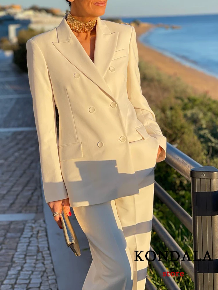 KONDALA Vintage Fashion 2023 Spring Solid Women Suit Office Lady Chic Casual Single Breast Vest Loose Blazer Wide Leg Zip Pants