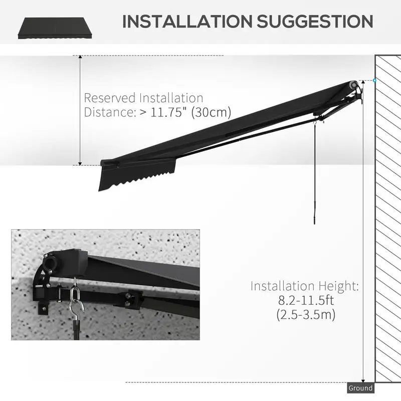 12' x 10' Retractable Awning, 280gsm UV Resistant Sunshade Shelter for Deck, Balcony, Yard, Dark Gray view 7