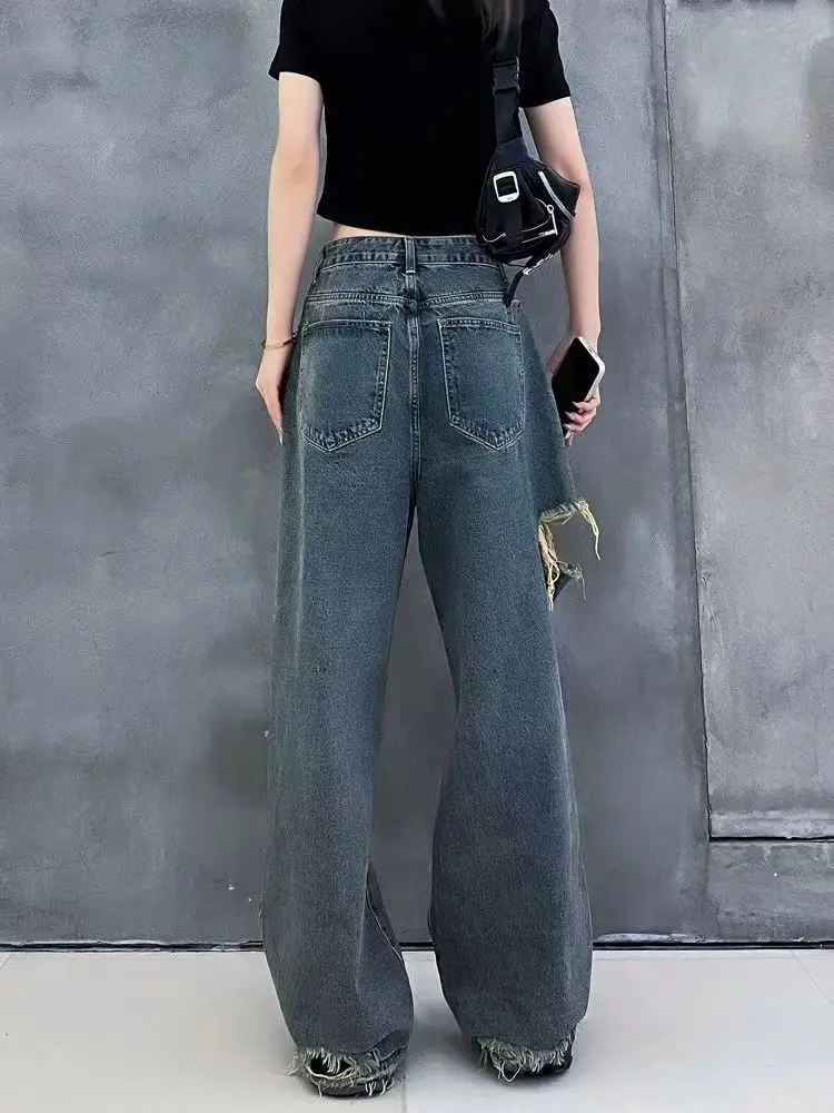 2022 New Korean Large Casual Fashion Straight Leg Jeans in Spring and Summer Loose Skinny Wide Leg Jeans with Holes