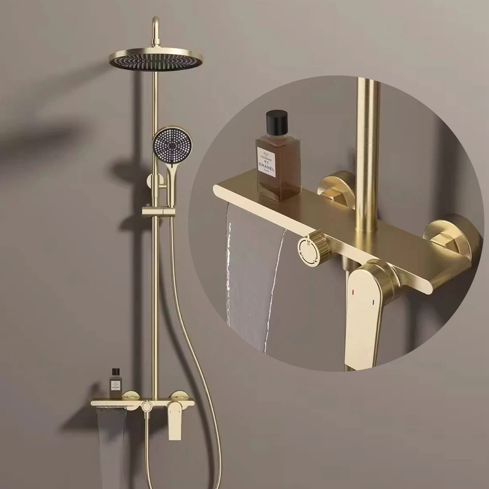 Brushed Gold Piano Bathroom Shower System Complete Brass Faucet Tap Wall Mounted Rain Shower Head Rose Gold Bathroom Shower Set