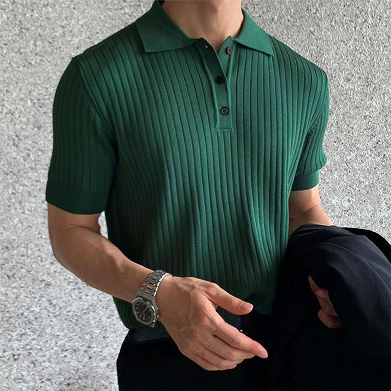 Yaz erkek Giyim Retro Örgü Yaka Çizgili Polo GÖMLEK Düz Renk Kısa Kollu Moda Işık Lüks Popüler Triko M-3XL