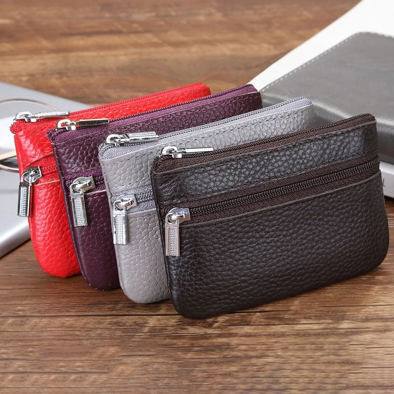 Leather 2 Zipper Coin Purse Wallet With Card Slots, Coin Organizer, Change Holder,Card Case, Leather Zipper Storage Bag For Men