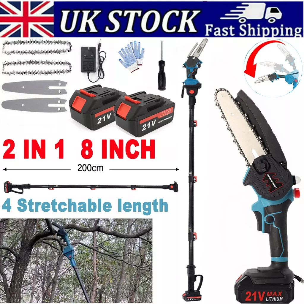 2-in-1 Mini 8inch Chainsaw Electric Pole Saw Extension Pole Cordless Pole Chainsaw Battery Powered with 2 Batteries
