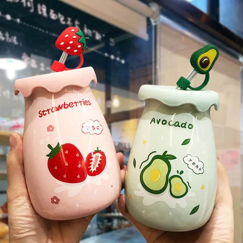 

400ML Ceramic Mug with Lid and Straw Milk Coffee Mug Tea Juice Cup Creative Lemon Water Bottle for Girls Breakfast Mug Drinkware