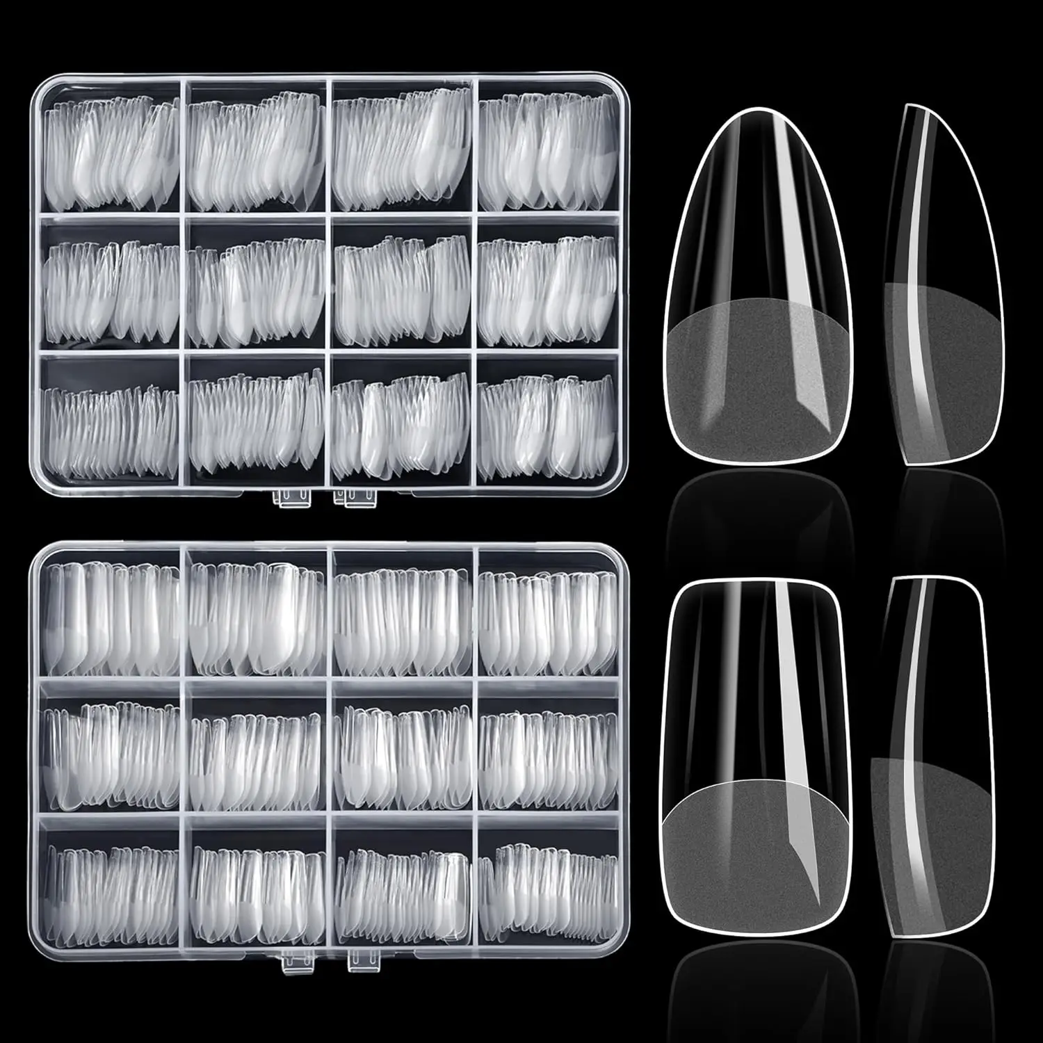 480PCS Clear False Nails, 12 Sizes 2 Shapes Almond Square for Acrylic DIY Salon Home Gift