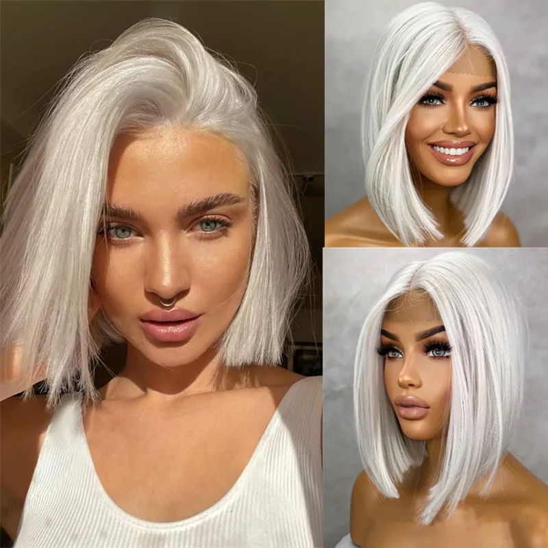 Women Short Blonde Bob Wigs Futura Synthetic White Blonde Lace Front Wigs Middle Part 13x4 100% Natural Straight Short Wig