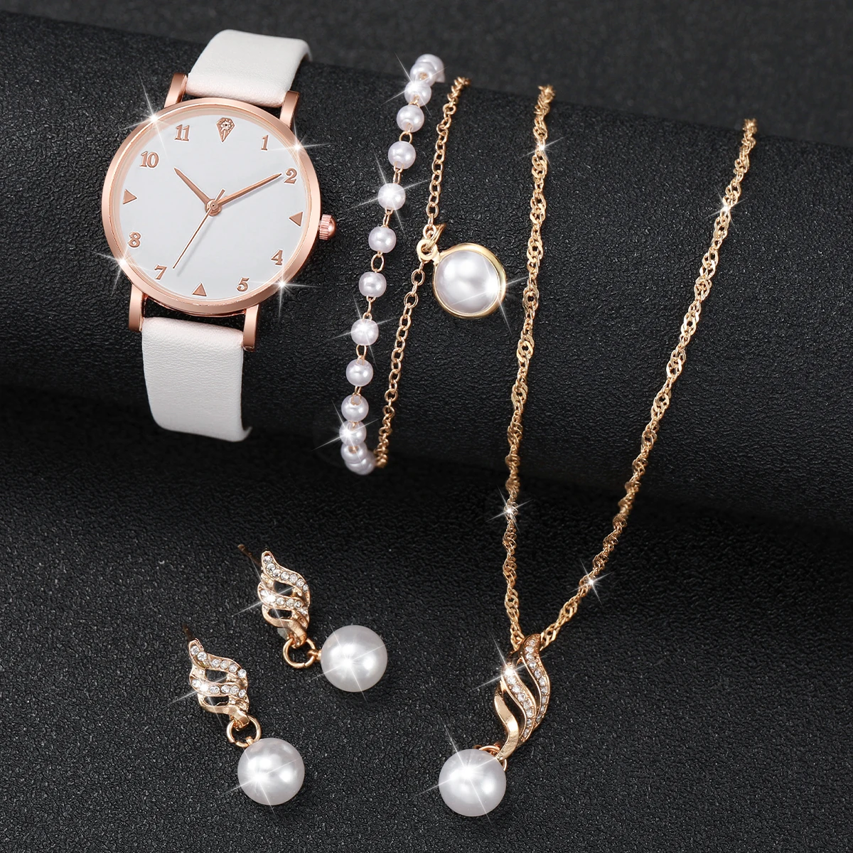 5 stks/set mode dameshorloges lederen band quartz horloge parel sieraden set (zonder doos)