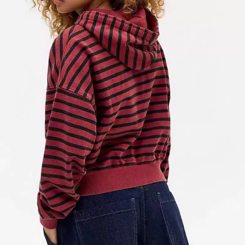Immagine 5: Felpa con cappuccio a righe rosse e nere, stile vintage, con zip intera, da donna e da uomo, estetica Y2K, giacca corta e ampia con cappuccio, streetwear, felpa a maniche lunghe.
