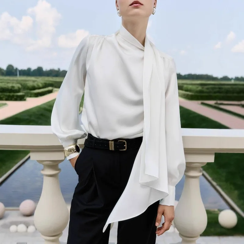 

2026 European and American Women's Clothing New French Elegant Streamer Top Shirt Gas Commuter Pullover Long-sleeved Shirt Women