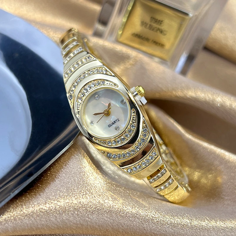 Модные женские часы с кристаллами и бриллиантами, элитный бренд, женские кварцевые наручные часы, овальные маленькие циферблаты, золотые часы Relogio Feminino