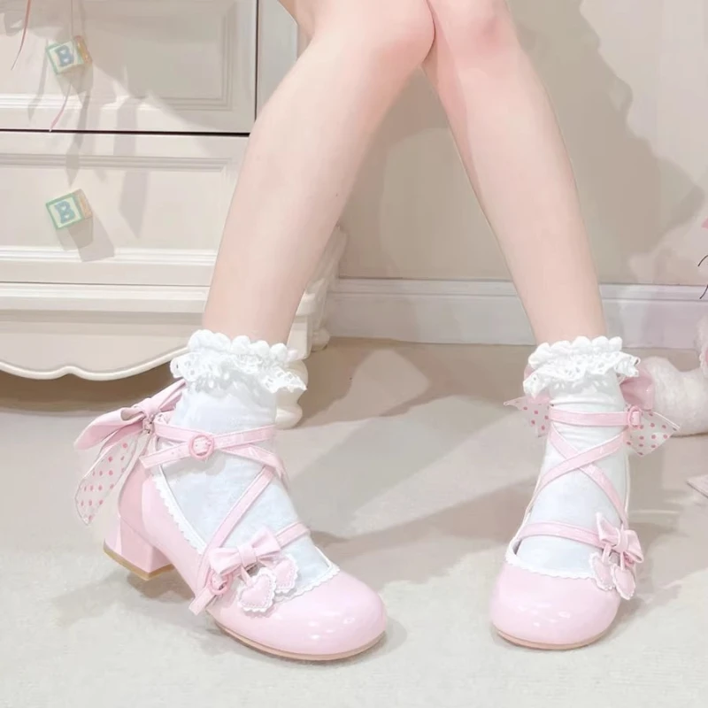 Japanese Original Lolita Love Sweet Cute Lace Round Head Low Heel Single Shoes Girl Mary Jane Patent Leather High Heels Women