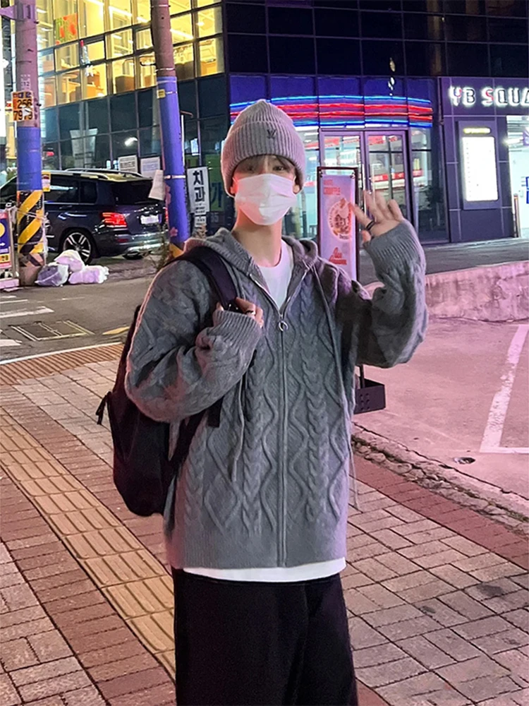 

Men's Hooded Open Cardigan Sweater Thiened Autumn Winter Loose Fit American Retro Sle Knitted irt for Couples Casual Wear