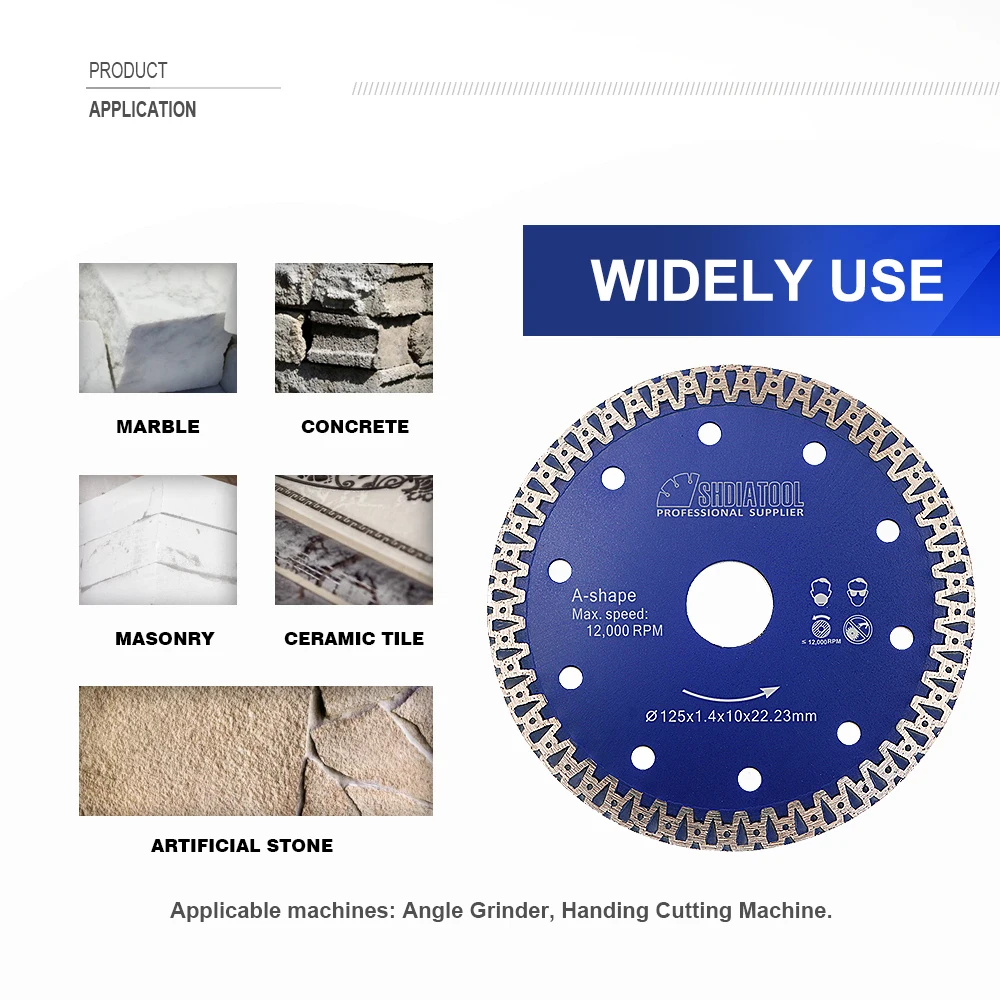 SHDIATOOL 1pc Diamond Cutting Disc A-shaped Blue Saw Blade 4\'\' Or 5\'\' High quality Steel Body For Marble Masonry Ceramic Tile