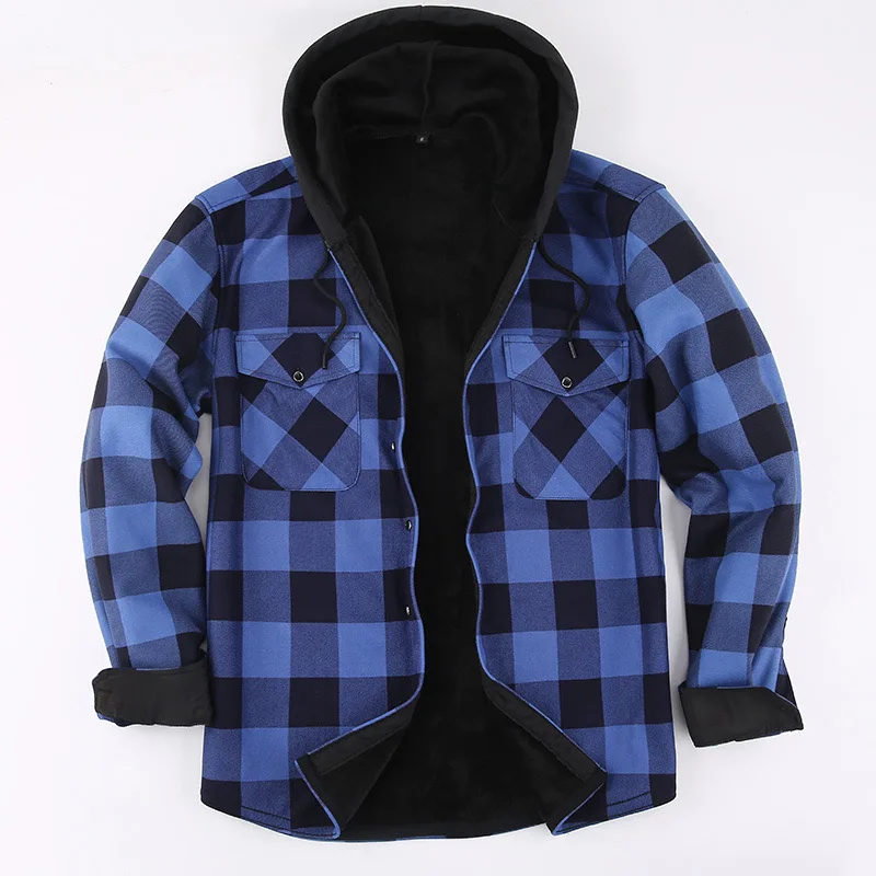 Hot new men\'s large size plus fleece warm plaid long-sleeved shirt autumn and winter hooded thick cold ground wool US code