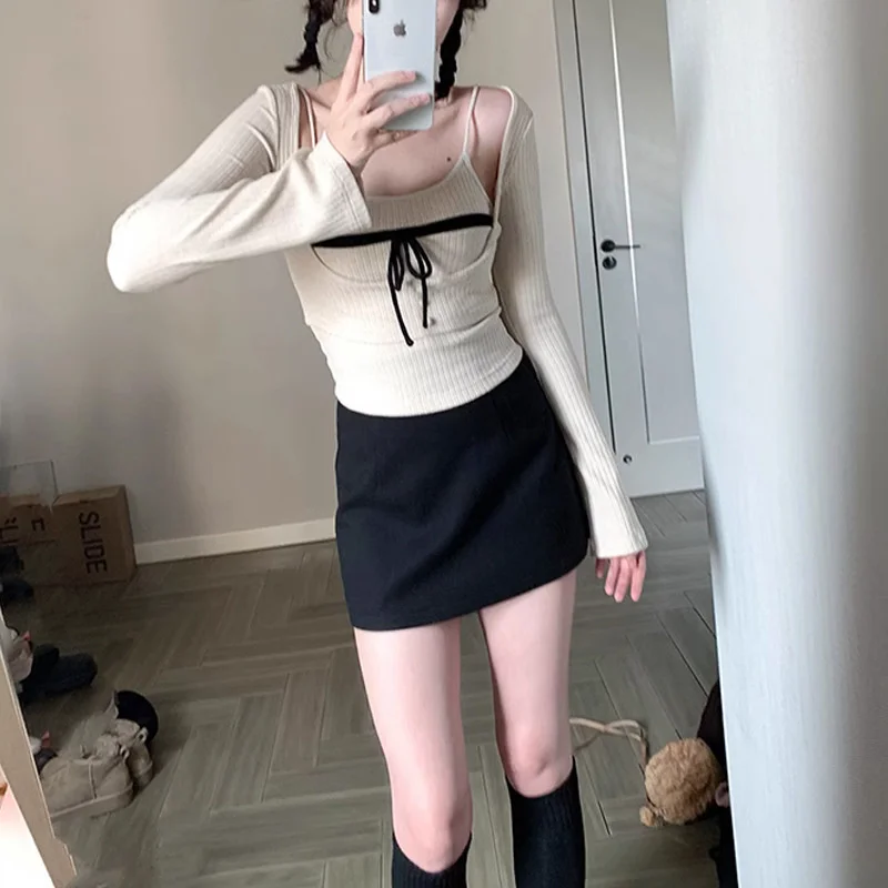 Korean Sexy Knitted T-shirts Bows Square Collar Sling Long Sleeve Pullover Two Piece Sets High Street Knitwears Shirt For Women