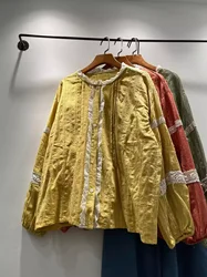 Mori Kei Clothing Japan Style Vintage 100% Cotton Lace Patchwork Shirts and Blouses Women Cotton Yellow Orange Green Cute Clothe