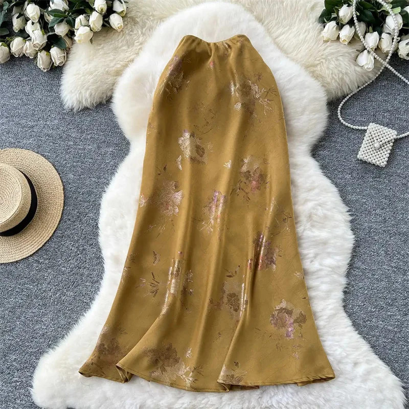 

Women Long Skirt Floral Gold Stamping Zipper Design Summer France Elegant Vintage Basics Satin A Line Skirt