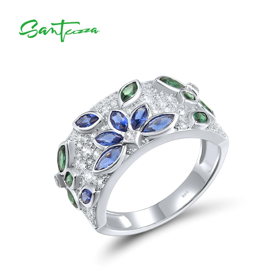 

SANTUZZA Real 925 Sterling Silver Rings For Women Sparkling Blue Green Spinel White CZ Cluster Flower Marquise Fine Jewelry