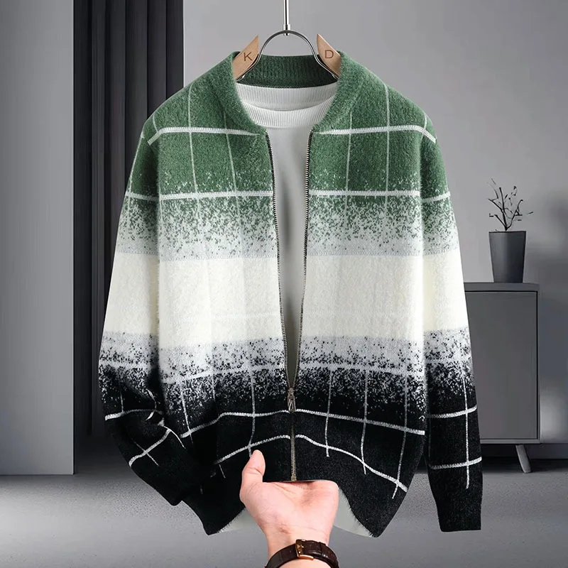 2025 men's autumn and winter new stand-up collar gradual change color jacquard long-sleeved cardigan sweater