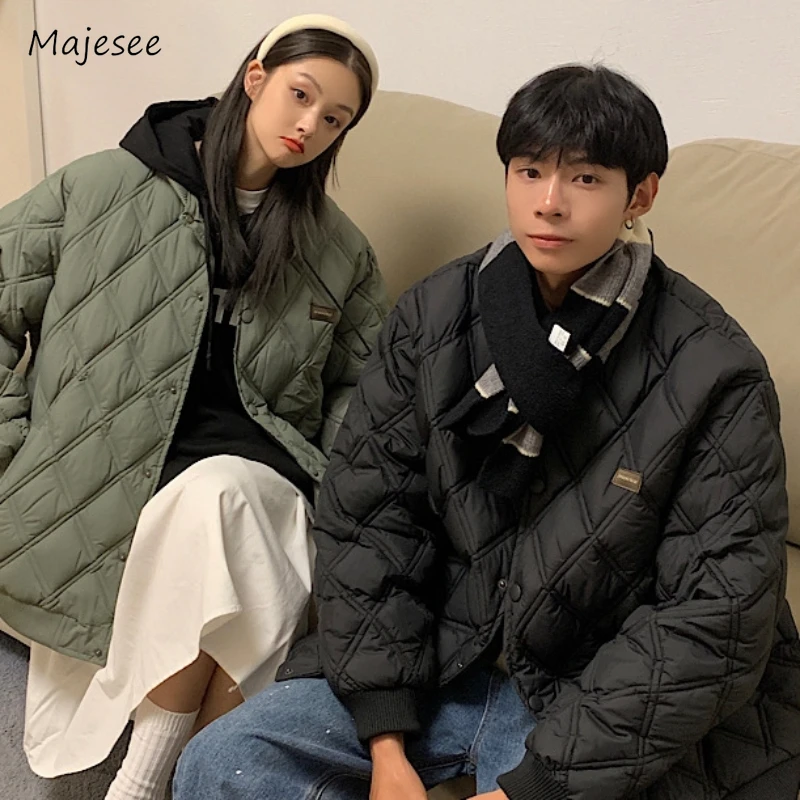 Couple Parkas Men Cozy Argyle Design Fashion Ins Basic Warm All-match College Unisex  Loose Outwears Retro Simple Winter