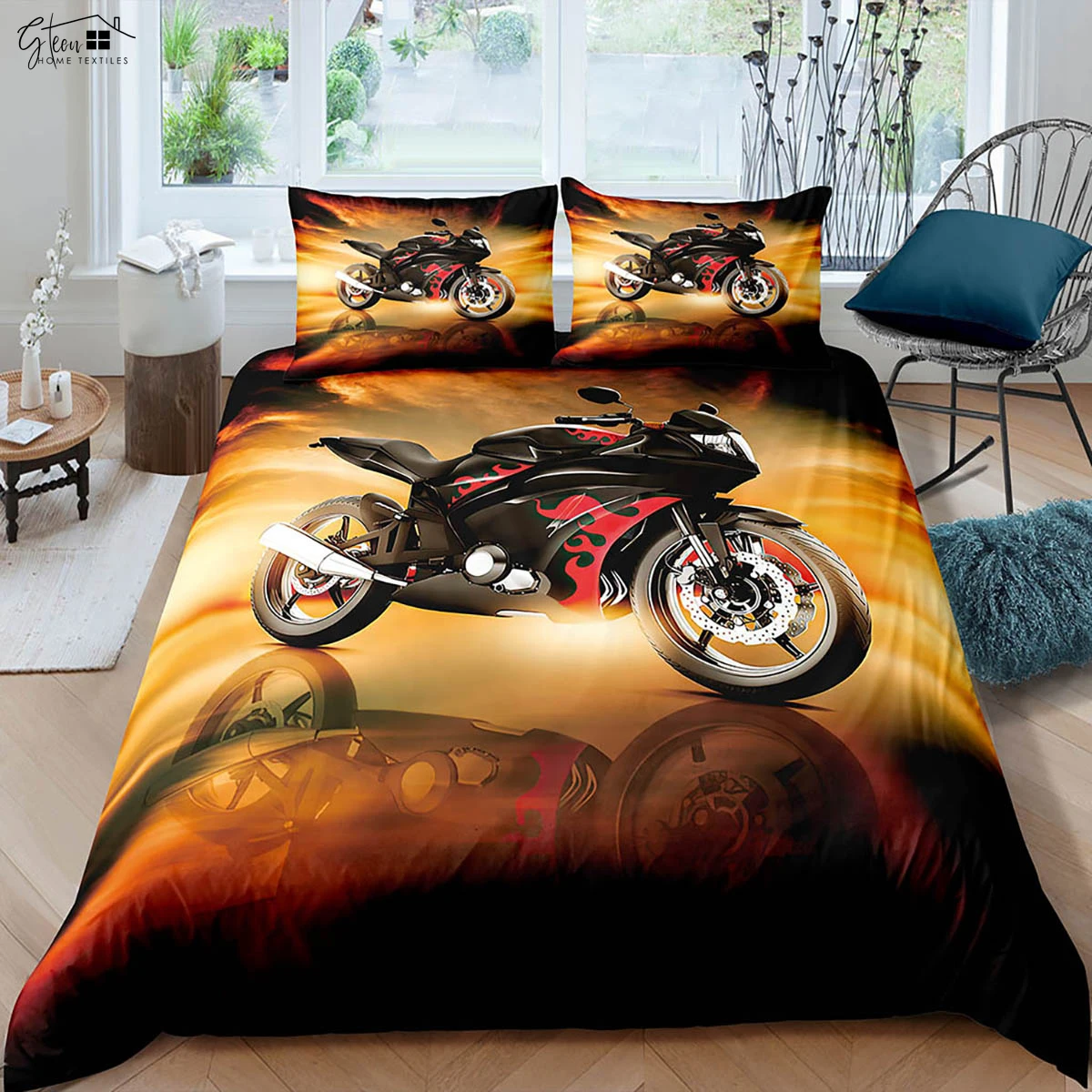 

Cool Racing Motorcycle 3d Stereo Printing Quilt Cover Machine Washable Bedding Set Quilt Cover Pillowcase Three-Piece Set