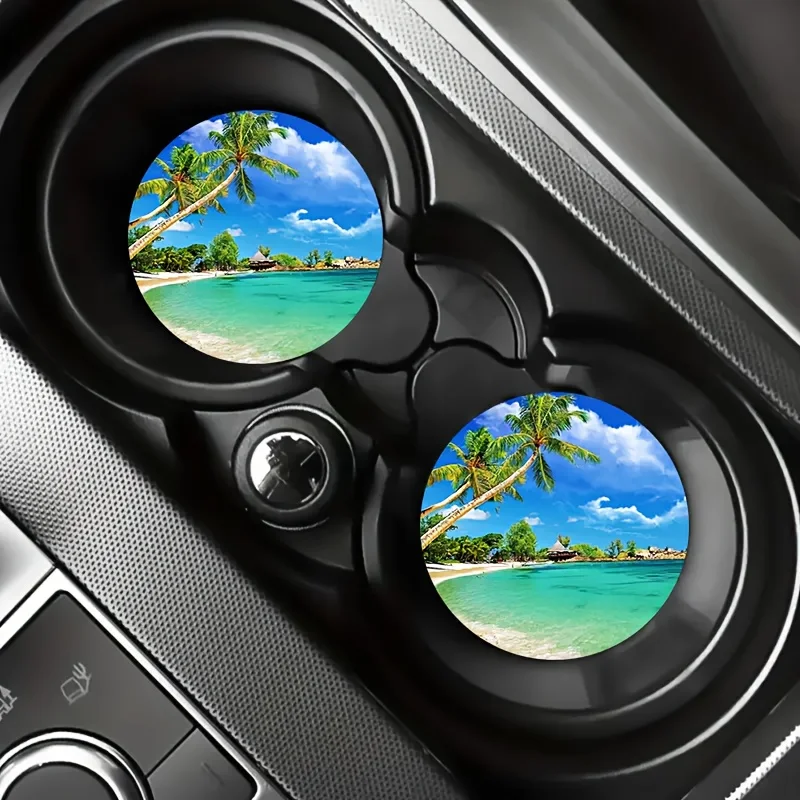 2pcs Blue Seaside And Coconut Tree Style Pattern Car Cup Holder Coasters - Acrylic Material - Easy To Clean, Perfect For Car Int