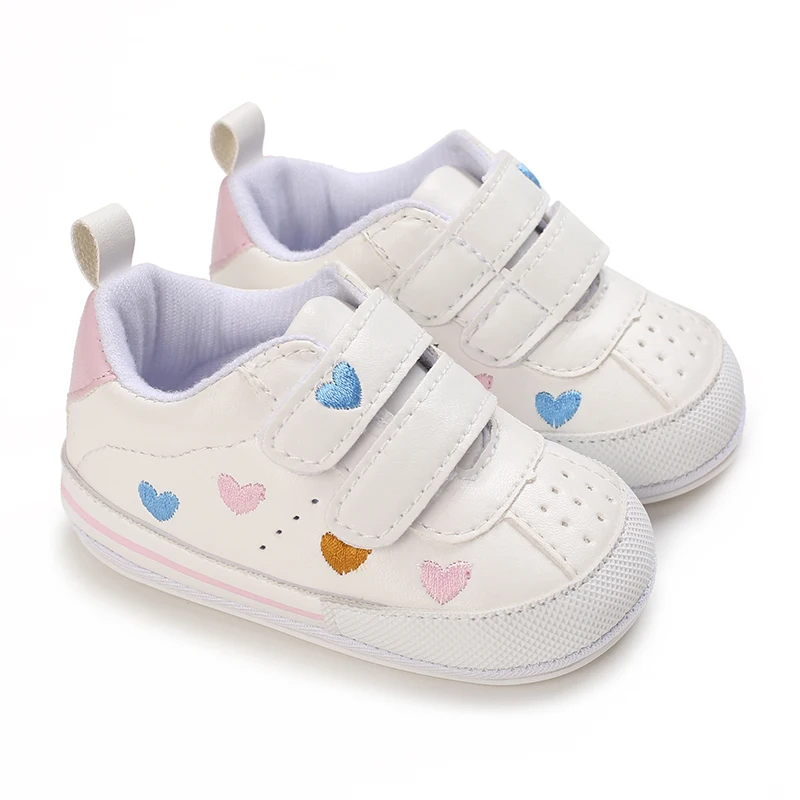 White Baby Shoes Boy Girl Heart Embroidery Sneakers Non-slip Infant Toddler Sports First Walkers