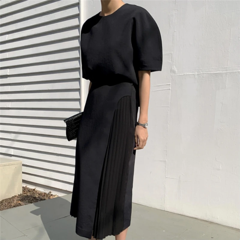 Elegant Spring Summer Two Pieces Set For Women O Neck Half Sleeve Solid Simple Top+A Line Pleated Skirt Female Casual Suit