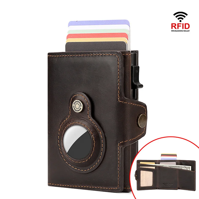 

YKOSM New Luxury Genuine Leather Airtags Wallet Business Anti-lost RFID Blocking ID Credit Card Bag Men Women Airtag Coin Purse