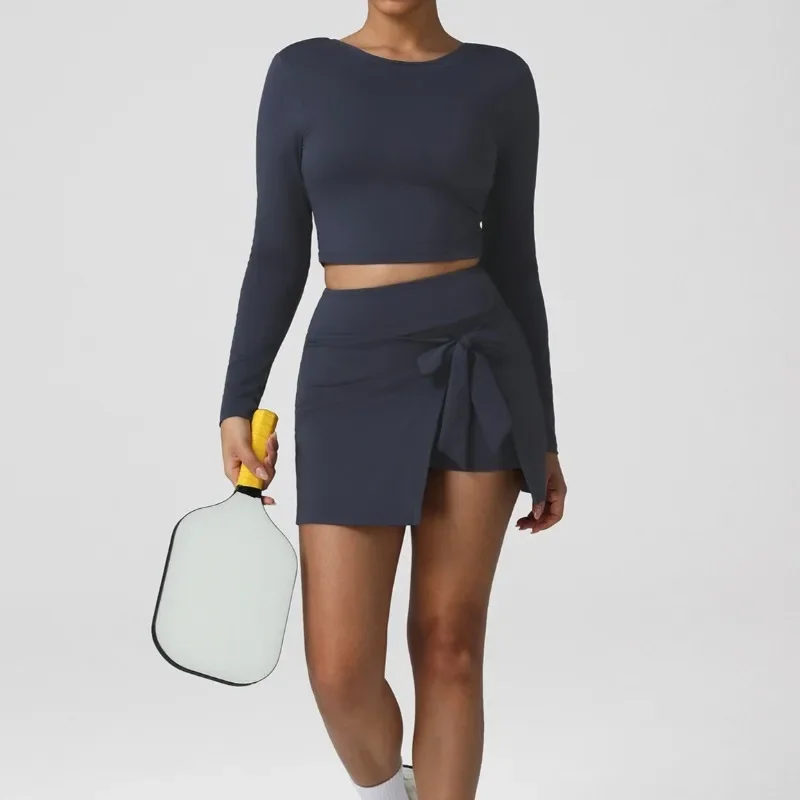 

Женский комплект из двух предметов для йоги, теннисная юбка, костюм с обнаженной юбкой, облегающий спортивный топ с длинными рукавами, комплект для бега на открытом воздухе, тренажерный зал, фитнес-одежда