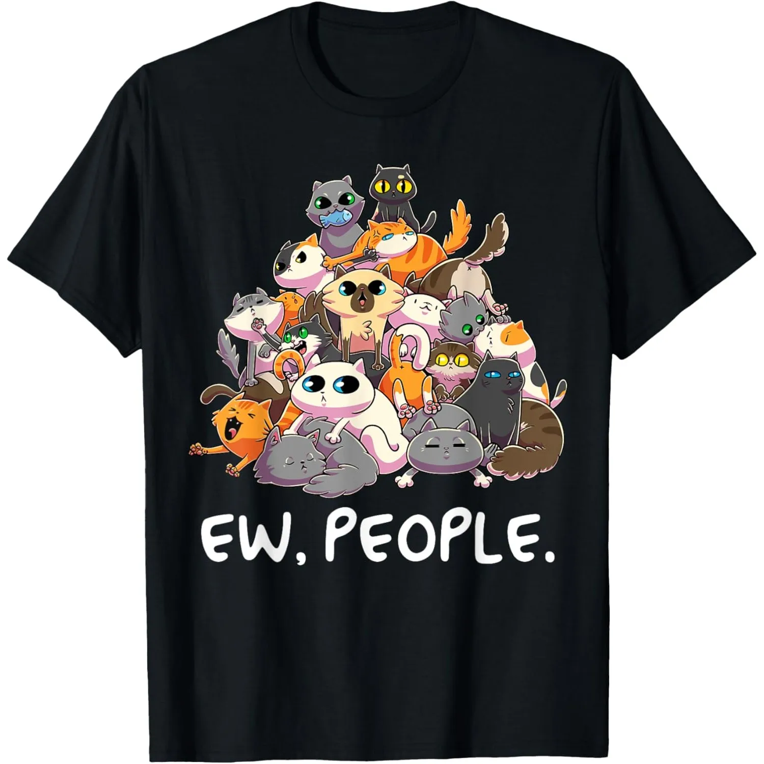 Funny Cat Pile Ew People Graphic Print Crew Neck Cotton Short Sleeve T-Shirt for Men